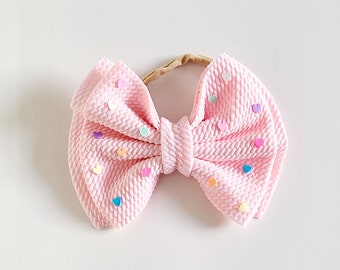 Big Bow Headband With Hearts - pink, girls headband, baby headwrap, pink headband, baby headband, hair accessories, toddler headbands, baby