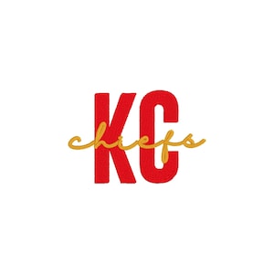 May include: Red embroidered letters "KC" with the word "chiefs" in gold script. The design is centered on a white background. This design is likely for apparel or fan merchandise.