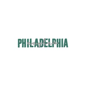May include: The word "PHILADELPHIA" in a teal, blocky font, with the word "EAGLES" in a cursive, silver font, overlaid on top. The text is centered on a white background.
