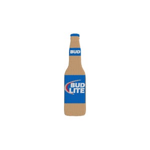 May include: Embroidered beer bottle with a tan body, blue neck and label. The label reads "BUD LITE" in white and red lettering. The word "BUD" is also embroidered on the neck of the bottle. The background is white.