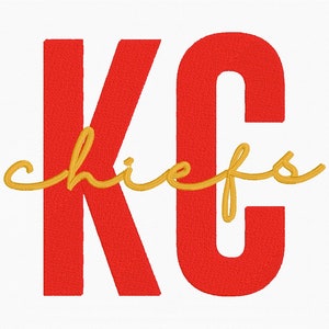 Puede incluir: « KC » en rojo con « chiefs » en cursiva amarilla.