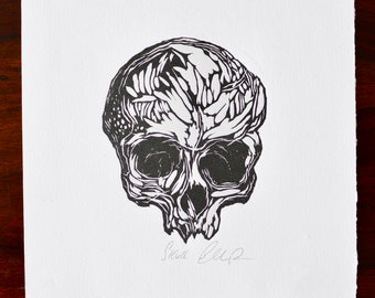 Skull Linocut Print, Relief Printmaking, Limited Edition Lino Print