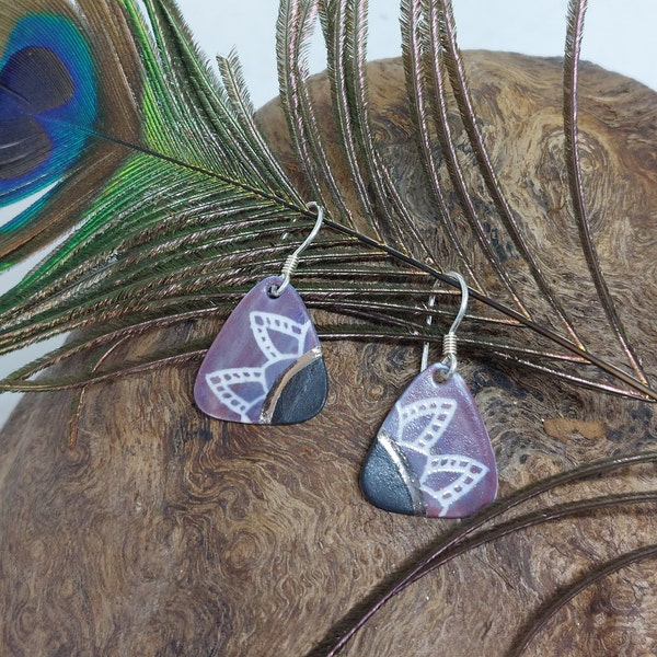 Boucles D'oreilles Vintage Porcelaine émaillée - Violet/vert/doré, Fermoir Clous, Acier