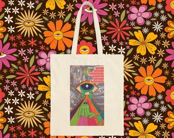 Vintage Psychedelic Art Cotton Canvas Tote Bag, Eco-Friendly Grocery Bag, Boho Tote, Gift for Art Lovers, Festival Bag, Shopping Tote