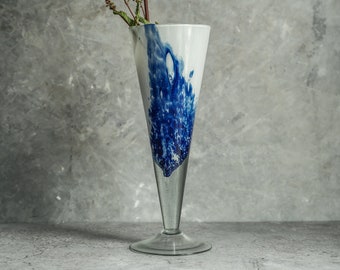 Hand blown blue and white vase