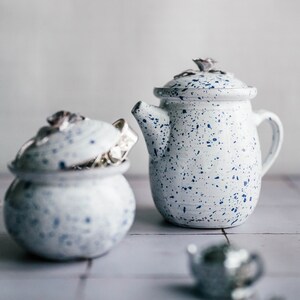 Può includere: Due teiere in ceramica bianca con macchie blu. La teiera a sinistra ha un coperchio aperto e la teiera a destra ha un coperchio chiuso. Entrambe le teiere hanno un motivo floreale sul coperchio.
