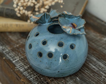 Studio pottery signed flower frog, blue round flower vase with three flowers (minor damage, see photos)