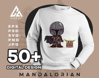 Paquete de archivos SVG mandaloriano (más de 50 diseños), Baby Yoda SVG para Cricut, Descarga digital instantánea de papel digital de Star Wars, Eps-Psd-Svg-Png-Jpg