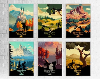 Set 6 ARTE IMPRIMIBLE DE DISNEY, Impresión de Disney, Póster de Disney, Decoración de pared de Disney, Póster vintage de Mickey, Descarga instantánea Eps-Psd-Svg-Png-Jpg