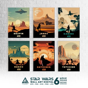 スターウォーズ プラネット ポスター、スターウォーズ ギャラクシー ポスター、スターウォーズ ウォール アート、Eps-Psd-Svg-Png-Jpg の即時ダウンロード