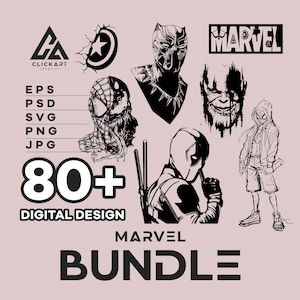 Op de afbeelding: Zwart-witte digitale ontwerpbundel met Marvel-personages zoals Spiderman, Deadpool, Black Panther, Thanos en meer. De bundel bevat meer dan 80 ontwerpen in EPS, PSD, SVG, PNG en JPG-formaten.