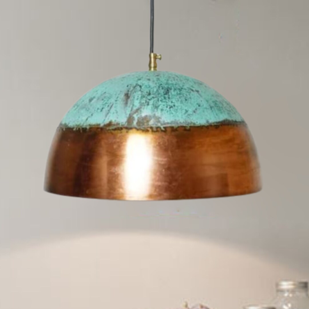 Copper Hanging Light Fixture, Rustic Kitchen Lighting, Green Patina ...