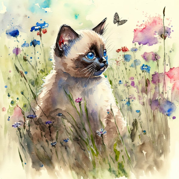 Siamese kitten, Digital vibrant watercolour, 10 High Quality PNGs - Digital Download