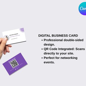 Puede incluir: Una mano sosteniendo dos tarjetas de visita digitales. Una es blanca con un acento morado y la otra es morada con un c&oacute;digo QR. El texto de la tarjeta dice "Tarjeta de visita digital" y "Escanea el c&oacute;digo QR".