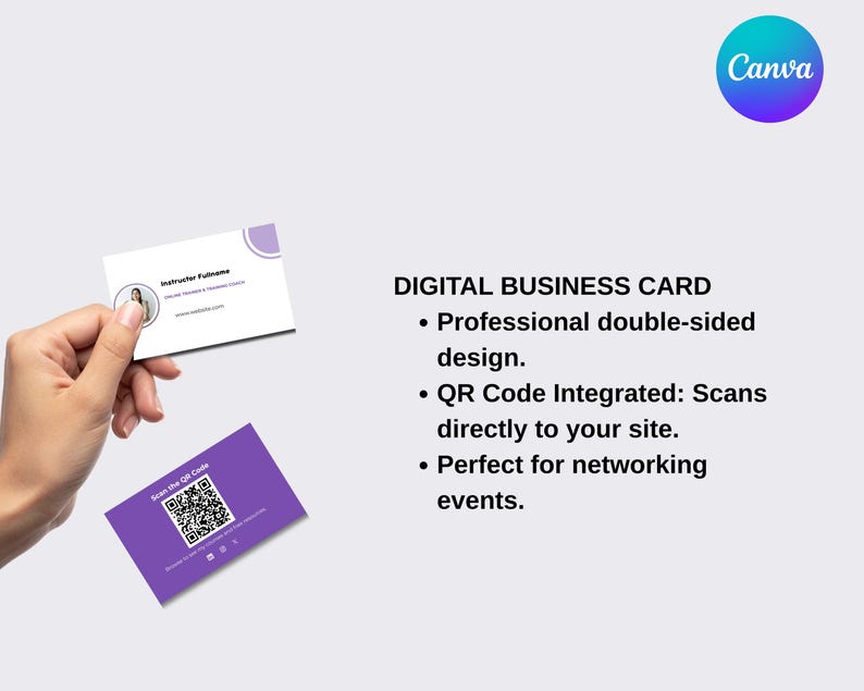Puede incluir: Una mano sosteniendo dos tarjetas de visita digitales. Una es blanca con un acento morado y la otra es morada con un c&oacute;digo QR. El texto de la tarjeta dice "Tarjeta de visita digital" y "Escanea el c&oacute;digo QR".