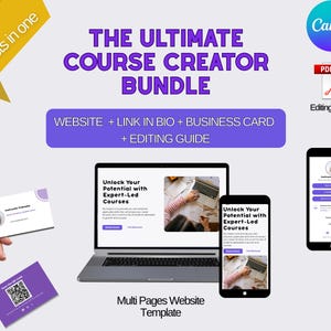 Puede incluir: Imagen que promociona un paquete de creaci&oacute;n de cursos digitales. Incluye una plantilla de sitio web, un enlace en la biograf&iacute;a, una tarjeta de presentaci&oacute;n y una gu&iacute;a de edici&oacute;n. El dise&ntilde;o presenta una computadora port&aacute;til, un tel&eacute;fono inteligente y tarjetas de presentaci&oacute;n.