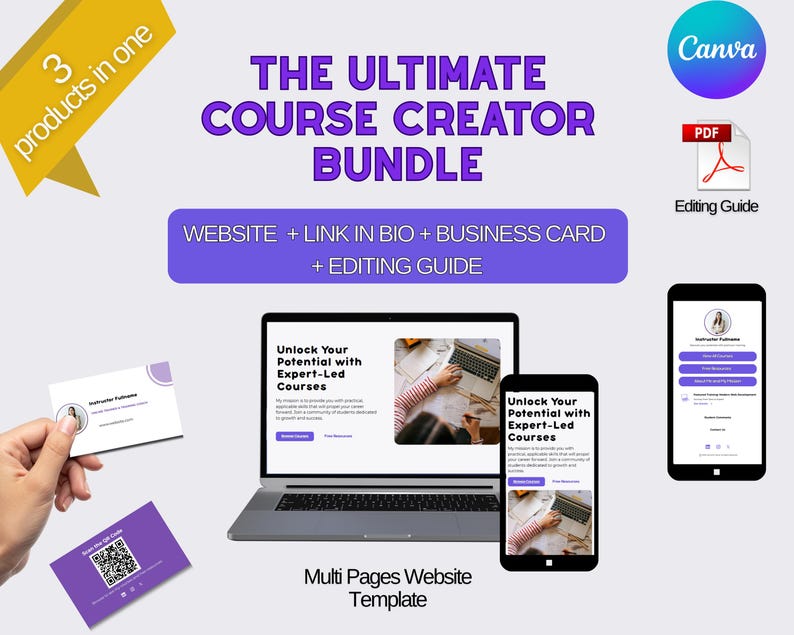 Puede incluir: Imagen que promociona un paquete de creaci&oacute;n de cursos digitales. Incluye una plantilla de sitio web, un enlace en la biograf&iacute;a, una tarjeta de presentaci&oacute;n y una gu&iacute;a de edici&oacute;n. El dise&ntilde;o presenta una computadora port&aacute;til, un tel&eacute;fono inteligente y tarjetas de presentaci&oacute;n.