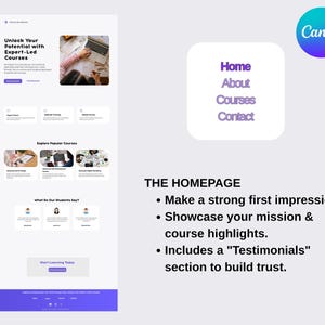 Puede incluir: Maqueta de dise&ntilde;o web con fondo blanco y acentos morados. La p&aacute;gina incluye secciones para cursos, testimonios y un men&uacute; de navegaci&oacute;n con opciones para Inicio, Acerca de, Cursos y Contacto. El logotipo de Canva es visible.