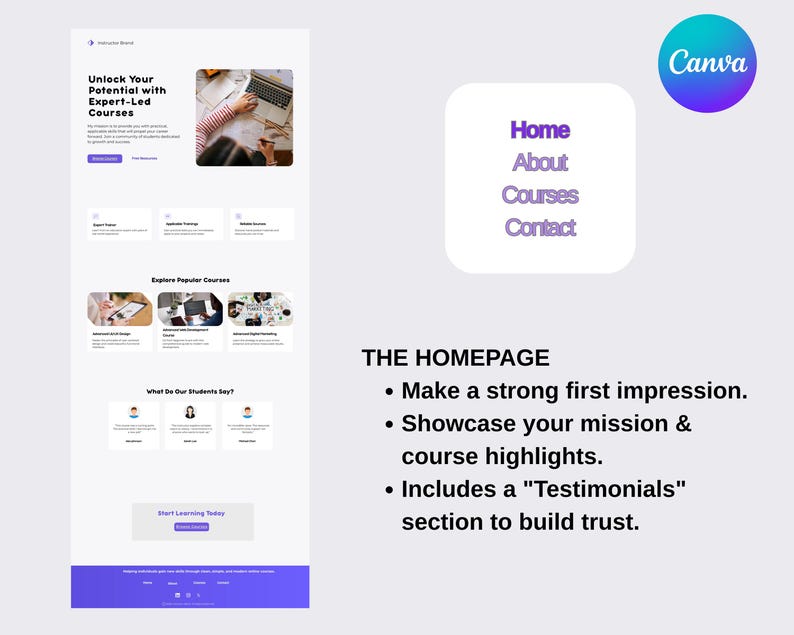 Puede incluir: Maqueta de dise&ntilde;o web con fondo blanco y acentos morados. La p&aacute;gina incluye secciones para cursos, testimonios y un men&uacute; de navegaci&oacute;n con opciones para Inicio, Acerca de, Cursos y Contacto. El logotipo de Canva es visible.