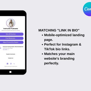 Puede incluir: Un tel&eacute;fono inteligente muestra una p&aacute;gina de destino optimizada para dispositivos m&oacute;viles con un esquema de color p&uacute;rpura y blanco. La pantalla muestra una foto de perfil, opciones de cursos y el texto "MATCHING 'LINK IN BIO'" con el logotipo de Canva en la esquina superior derecha.