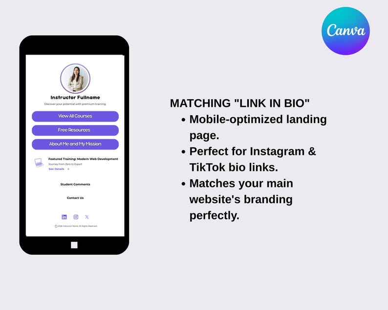 Puede incluir: Un tel&eacute;fono inteligente muestra una p&aacute;gina de destino optimizada para dispositivos m&oacute;viles con un esquema de color p&uacute;rpura y blanco. La pantalla muestra una foto de perfil, opciones de cursos y el texto "MATCHING 'LINK IN BIO'" con el logotipo de Canva en la esquina superior derecha.