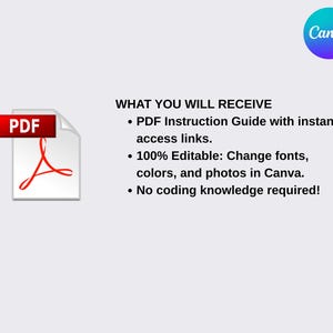Puede incluir: Imagen de un producto digital con un icono PDF y el texto "PDF" en un cuadro rojo. La imagen incluye el logotipo de Canva y texto que detalla una gu&iacute;a de instrucciones en PDF, 100% editable y sin necesidad de conocimientos de codificaci&oacute;n.