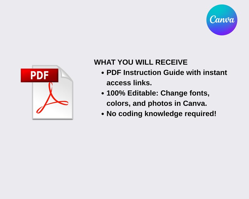 Puede incluir: Imagen de un producto digital con un icono PDF y el texto "PDF" en un cuadro rojo. La imagen incluye el logotipo de Canva y texto que detalla una gu&iacute;a de instrucciones en PDF, 100% editable y sin necesidad de conocimientos de codificaci&oacute;n.