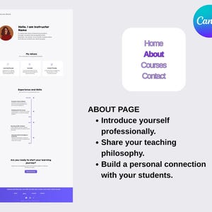 Puede incluir: Un dise&ntilde;o de sitio web con el logotipo de Canva, con un men&uacute; de navegaci&oacute;n y una secci&oacute;n "Acerca de". La p&aacute;gina incluye secciones para la introducci&oacute;n del instructor, los valores y la experiencia. El dise&ntilde;o utiliza un esquema de color p&uacute;rpura y blanco.