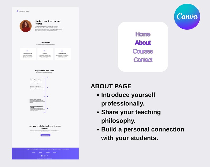 Puede incluir: Un dise&ntilde;o de sitio web con el logotipo de Canva, con un men&uacute; de navegaci&oacute;n y una secci&oacute;n "Acerca de". La p&aacute;gina incluye secciones para la introducci&oacute;n del instructor, los valores y la experiencia. El dise&ntilde;o utiliza un esquema de color p&uacute;rpura y blanco.
