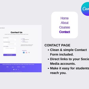 Puede incluir: Un dise&ntilde;o digital que presenta un dise&ntilde;o de p&aacute;gina de contacto con un formulario sencillo. El dise&ntilde;o incluye enlaces a redes sociales y el texto "Cont&aacute;ctenos". Un logotipo de Canva est&aacute; en la esquina superior derecha.