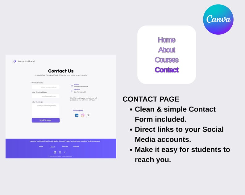 Puede incluir: Un dise&ntilde;o digital que presenta un dise&ntilde;o de p&aacute;gina de contacto con un formulario sencillo. El dise&ntilde;o incluye enlaces a redes sociales y el texto "Cont&aacute;ctenos". Un logotipo de Canva est&aacute; en la esquina superior derecha.