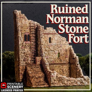 May include: A miniature model of a ruined Norman stone fort. The fort is constructed from textured, tan-colored stone blocks, with visible stairs, windows, and a ladder. The text "Ruined Norman Stone Fort" is displayed in red and white.