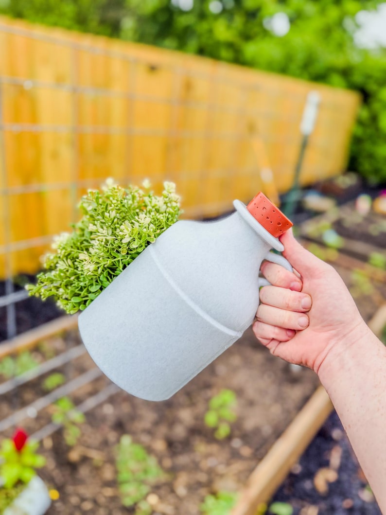 May include: A light blue ceramic watering can with a handle and a red-orange cork-like stopper. The watering can is filled with green and white foliage. The background shows a wooden fence and a garden.