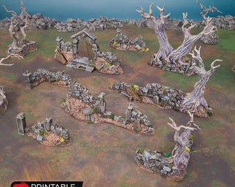 Hallowed Graveyard Walls & Gate Set | 8 Piece Gothic Cemetery Terrain 15mm 28mm 32mm | DnD, Frostgrave, Halloween Tabletop Scenery