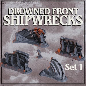 May include: A set of four gray and orange miniature shipwrecks, with the text "DROWNED FRONT SHIPWRECKS" and "Set 1". A small figurine is also included. The models are designed for tabletop gaming.