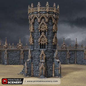 May include: A tall, cylindrical stone tower featuring dark grey masonry and intricate tan-colored gothic architectural details. The structure includes arched windows, decorative spires, and a connected stone wall section with matching trim.