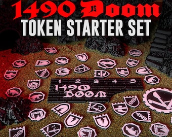 1490 Doom Token Starter Set | 42 Status Markers, Mangonel & Movement Ruler | Doom Company Accessories | 3D Printed Wargaming Tokens
