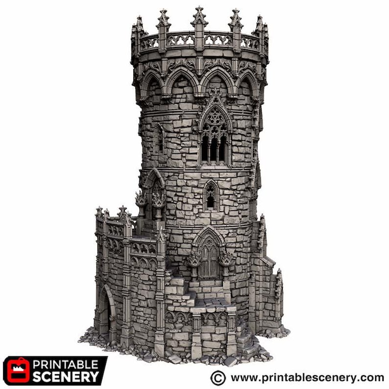 May include: A gray, 3D-printed miniature stone tower featuring intricate gothic architectural details, including arched windows, a crenelated parapet, and textured masonry walls. The structure includes a lower courtyard section with stairs.