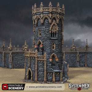 May include: A miniature stone tower and wall section featuring dark grey masonry with tan gothic-style architectural trim. The structure includes arched windows, doorways, and small decorative torches with orange flames. Text reads PRINTABLE SCENERY and SYSTEM HEX.