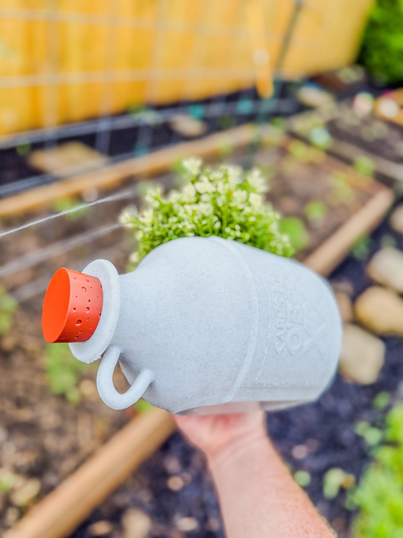 May include: A gray ceramic jug with a handle and an orange stopper, filled with green foliage. The jug has embossed text on the side. The background shows a garden setting with a wooden fence and soil.