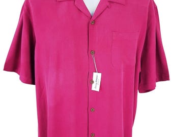 TOMMY BAHAMA Mens Heavy Silk Purple S/S Evening Shirt Herringbone - XL - 54"