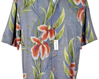TOMMY BAHAMA Mens 100% Silk Grey S/S Luxury Hawaiian Shirt - L - 48"