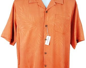 TOMMY BAHAMA Mens 100% Silk Orange S/S Luxury Hawaiian Shirt - L - 50"