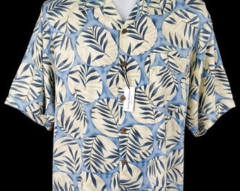 TOMMY BAHAMA Mens 100% Silk Blue S/S Luxury Hawaiian Shirt - L - 50"