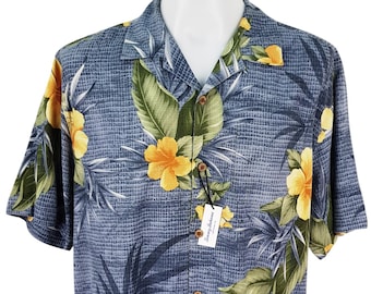 Camisa hawaiana de lujo TOMMY BAHAMA para hombre, de seda azul multicolor, manga corta, ultrasuave - L - Pecho 122 cm