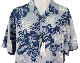 TOMMY BAHAMA Mens 100% Silk Blue S/S Luxury Hawaiian Shirt Ultrasoft - XL - Chest 52"