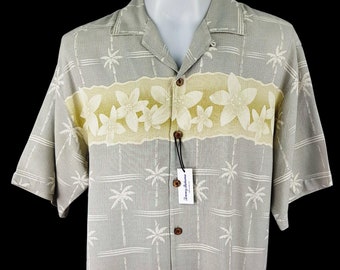 Tommy Bahama Seide Hawaiihemd - Hellgrau mit tropischem Muster, Größe L