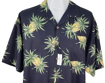 Tommy Bahama Silk Hawaiian Shirt - Black Pineapple Print, XL