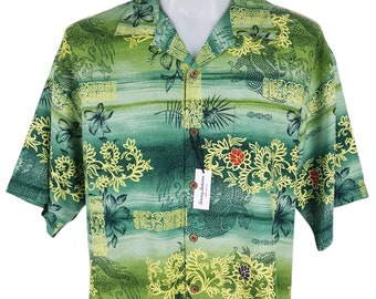 Tommy Bahama Silk Hawaiian Shirt – Green Tropical Dragon Print, Size L