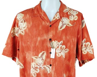Tommy Bahama Silk Hawaiian Shirt - Orange Floral Print, Size L